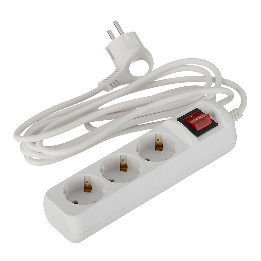 original-14106.jpg Удлинитель Эра 3 розетки 3 м ПВС 3х0,75 кв.мм 10 А 2,2 кВт с кнопкой белый (Б0035751) — изображение 1