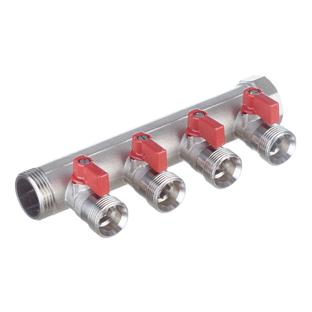 original-20463.jpg Коллектор Henco 1 ВР(г) х 4 выхода 3/4 НР(ш) ЕК х 1 НР(ш) с шаровыми кранами (VB060504-ROOD) — изображение 1