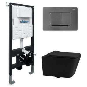 Комплект инсталляции Abber с унитазом Rechteck с кнопкой никель и сиденьем микролифт (AC1201MB-AC0105-AC0120NG)