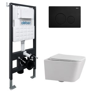 Комплект инсталляции Abber с унитазом Rechteck с кнопкой черной и сиденьем микролифт (AC1201-AC0105-AC0121MB)