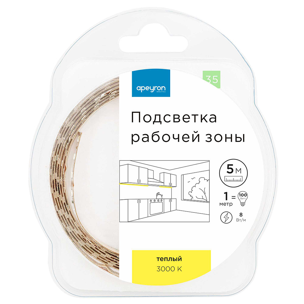 original-6751.jpg Лента светодиодная SMD 2835 3000К 12 В 8 Вт/м 5 м IP20 Apeyron (35ПРЗ) — изображение 1